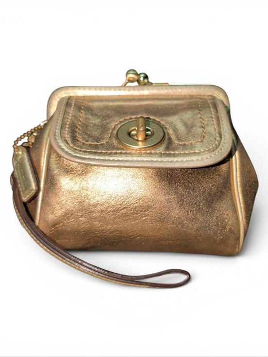 Coach Handbags - Y2K Bleecker Kisslock Metallic Bronze Leather Wristlet Clutch